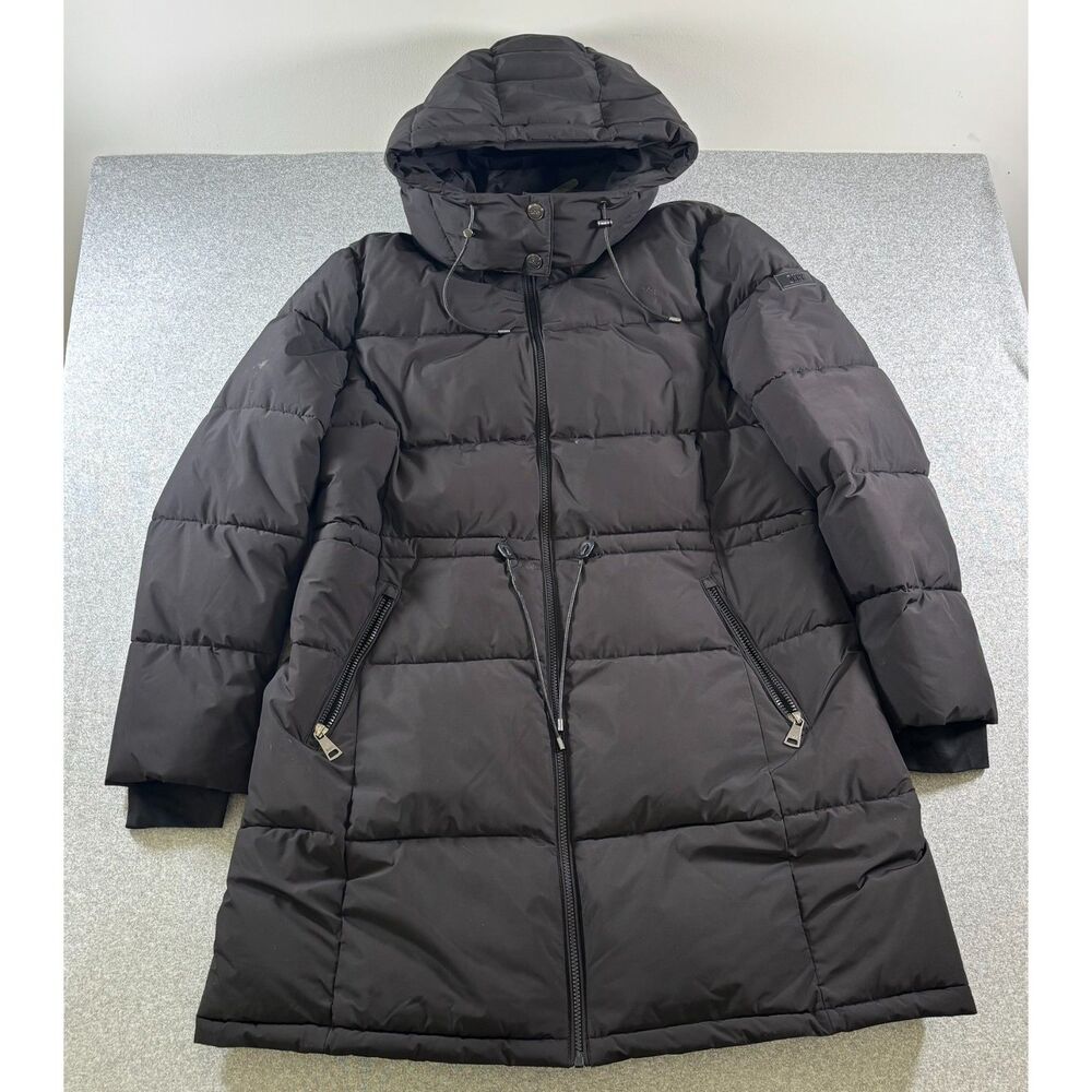 DKNY Women's XL Black Long Hooded Puffer Coat Winter Jacket Parka Zip Pockets